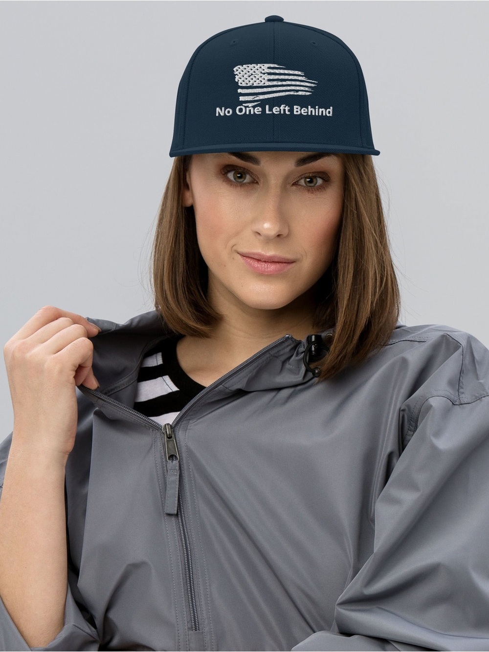 Navy Snapback Hat with Patriotic Flag & "No One Left Behind" Embroidery